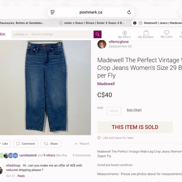 Madewell The Perfect Vintage Wide-Leg Crop Jeans Women’s Size 29 Blue Zipper Fly - Picture 3 of 4